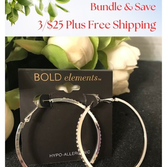 3/$25  Bold Elements Silver Tone Crystal Hoop Earrings - Picture 1 of 10